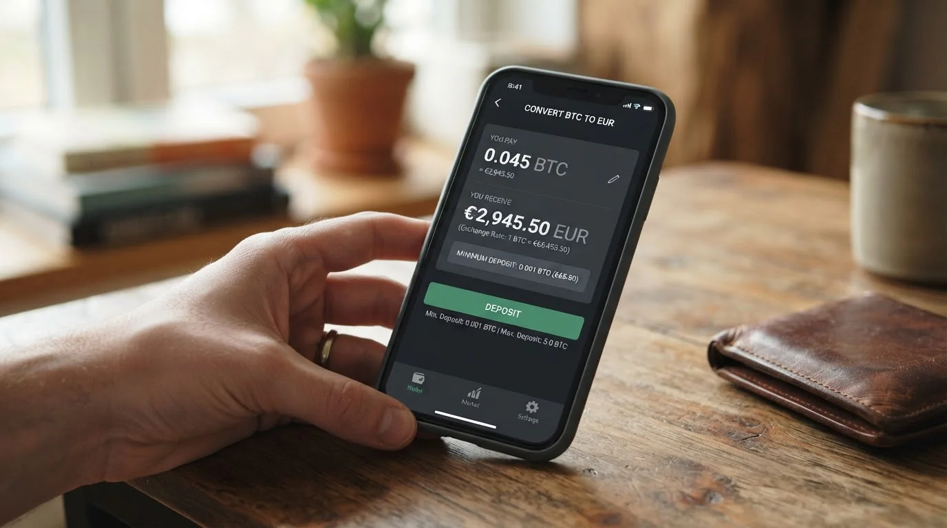 Pantalla de teléfono inteligente mostrando conversión de euros a Bitcoin con mínimos de depósito
