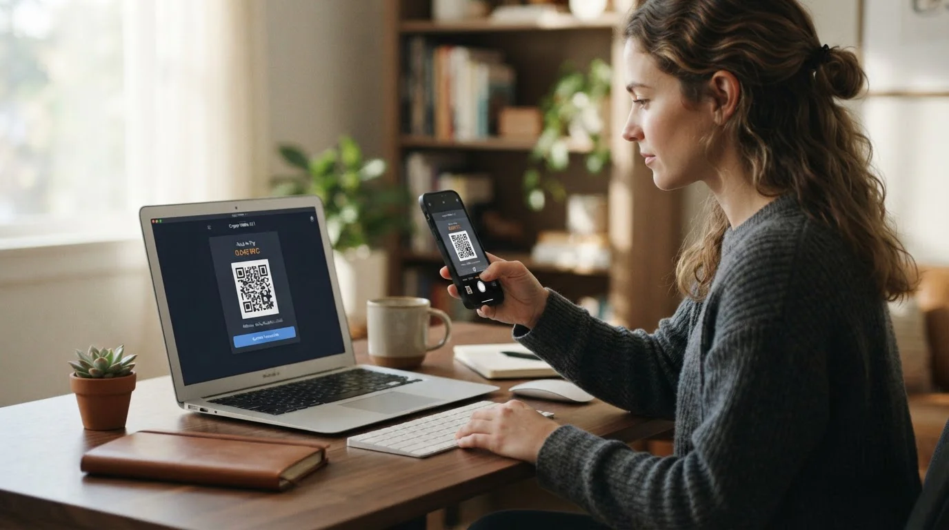 Persona en escritorio usando teléfono inteligente para escanear código QR en pantalla de portátil durante transacción cripto