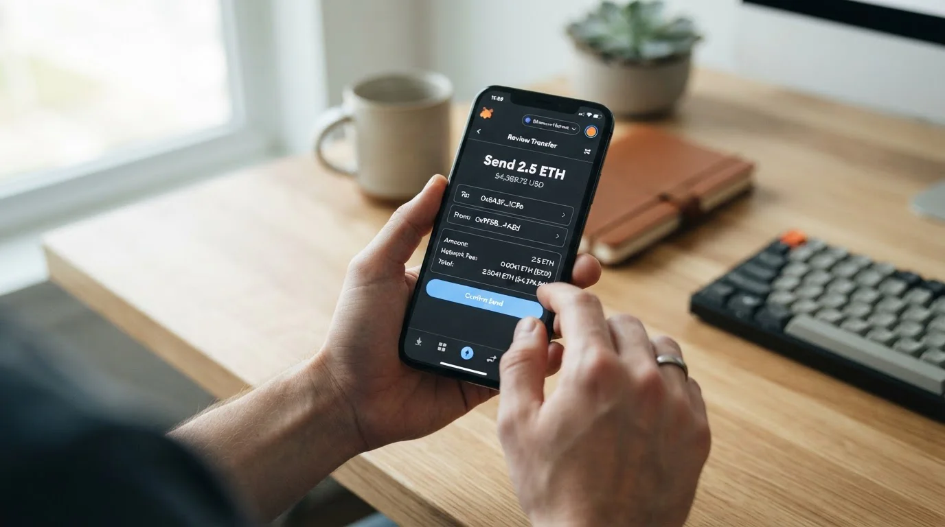 Interfaz de monedero cripto mostrando transferencia USDT con datos de comisión de red