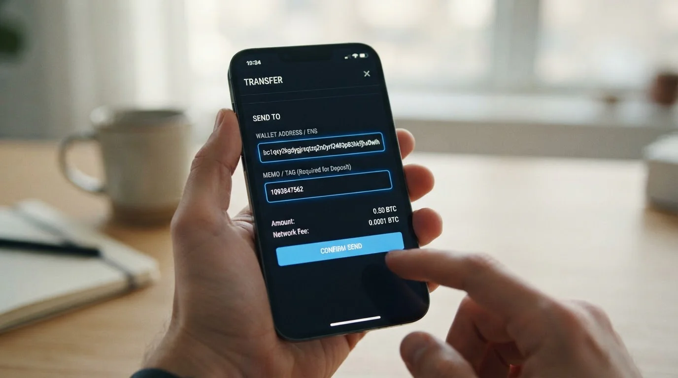 Interfaz de wallet cripto mostrando campos de dirección XRP y destination tag resaltados