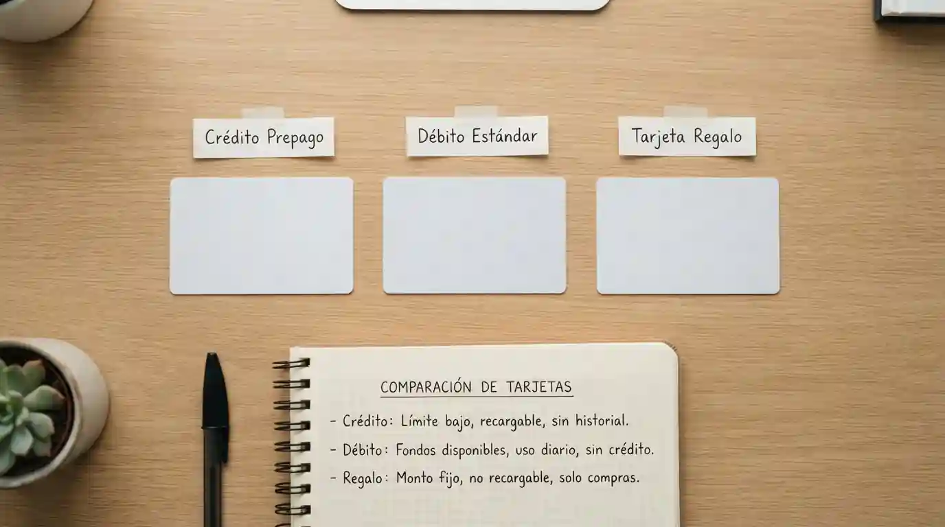 Vista plana de tres tarjetas genéricas con etiquetas, libreta con notas comparativas