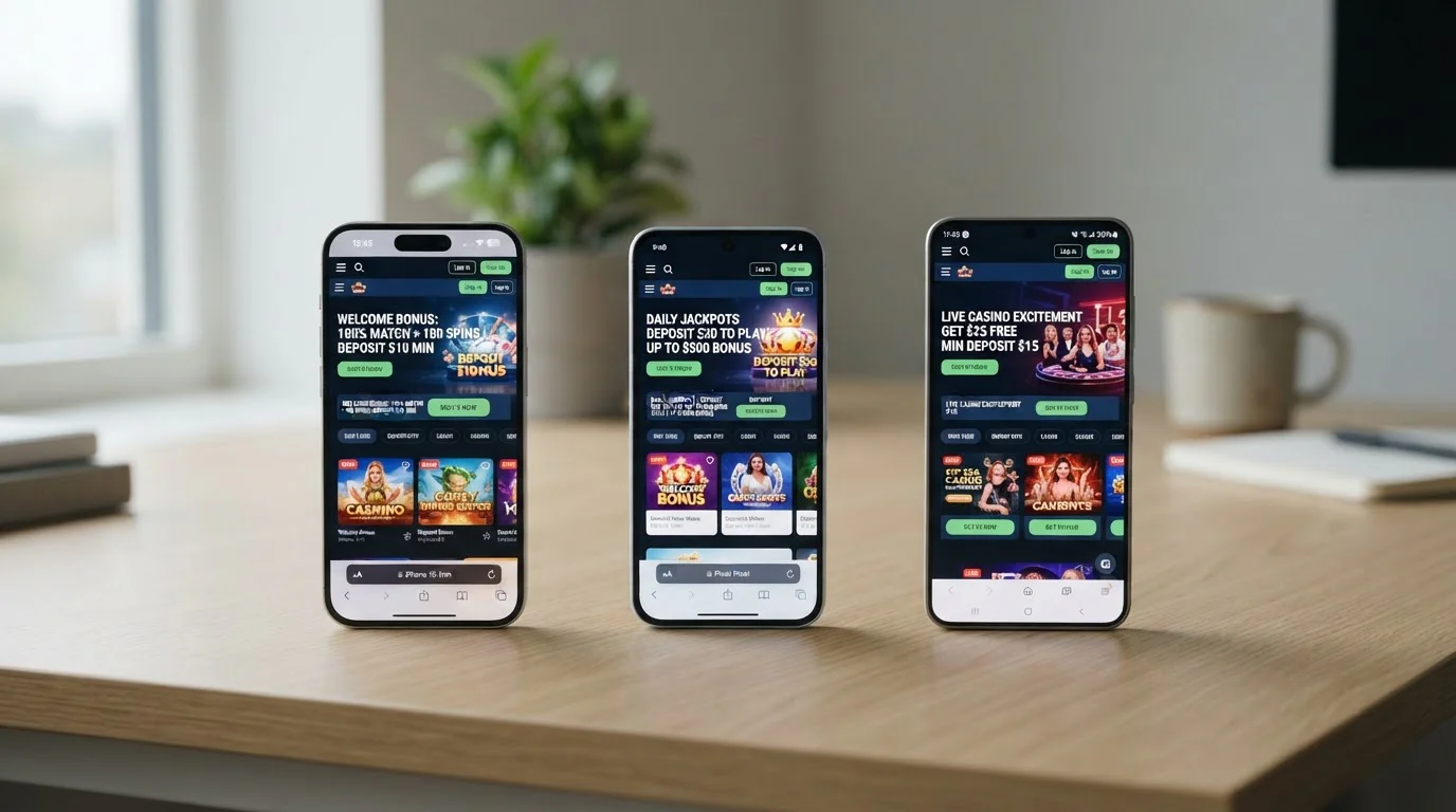 Tres teléfonos inteligentes mostrando diferentes casinos según presupuesto del jugador