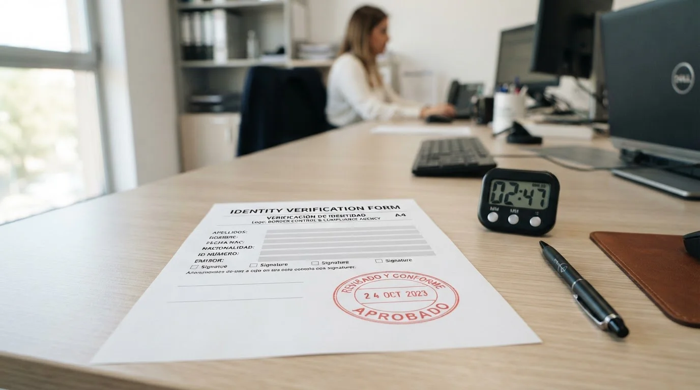 Documento de verificación de identidad con sello de aprobado y cronómetro digital