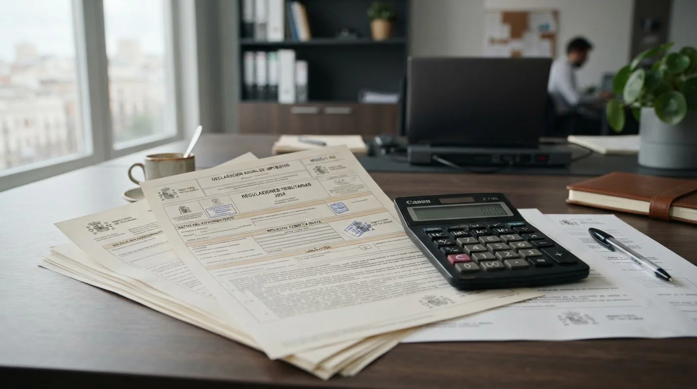 Documento de normativa fiscal española y calculadora sobre mesa de oficina