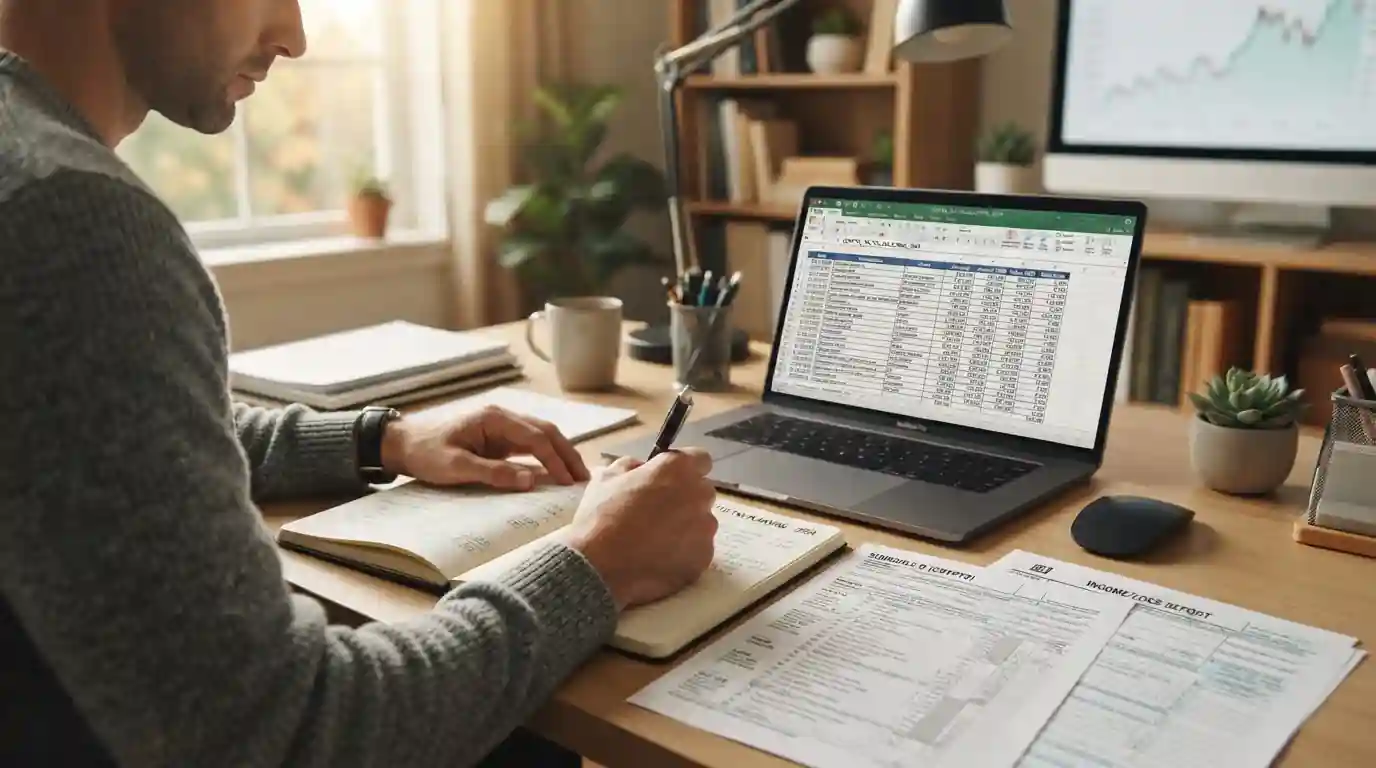 Persona con cuaderno y documentos fiscales calculando impuestos sobre criptomonedas