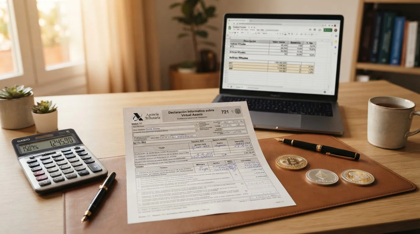 Documento fiscal español con símbolos de criptomonedas y calculadora mostrando porcentajes IRPF