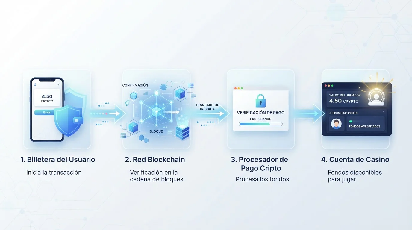 Flujo visual de transacción desde wallet hasta acreditación en casino con pasos numerados