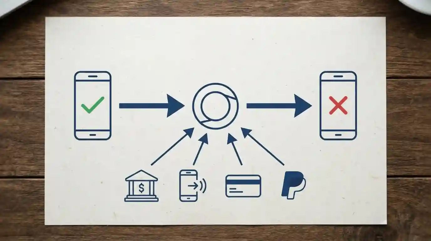 Diagrama de flujo depósito-retiro mostrando Google Pay bloqueado para cobros