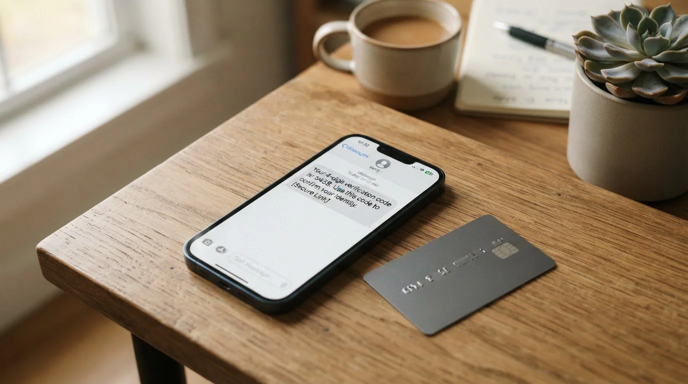 Teléfono inteligente mostrando mensaje SMS con código de cuatro cifras junto a tarjeta bancaria genérica