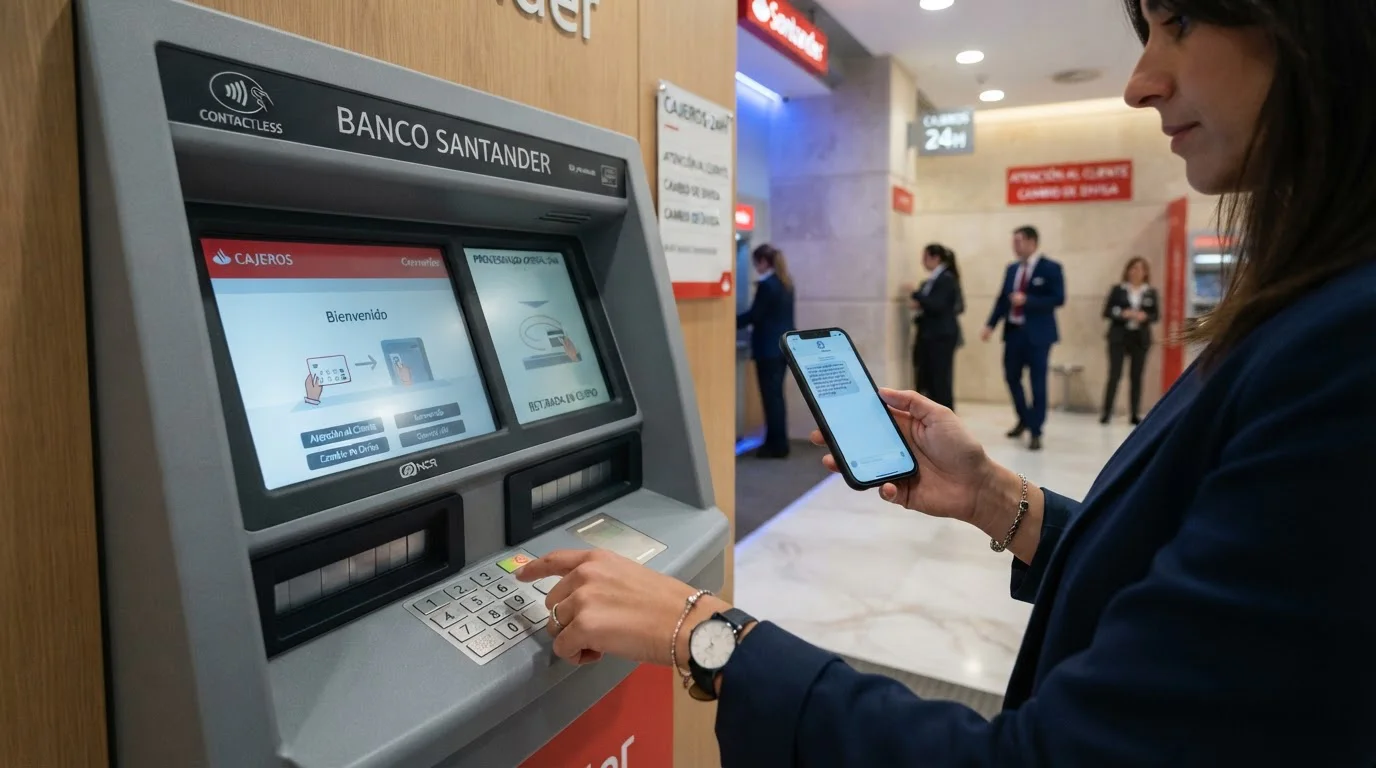 Cajero automático moderno con mano introduciendo código mientras sostiene teléfono inteligente con SMS