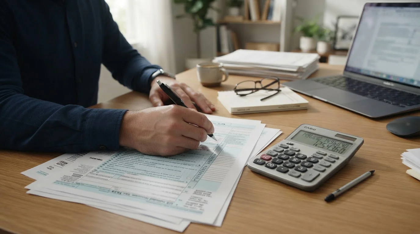 Formulario IRPF y calculadora mostrando obligaciones fiscales de ganancias en juego