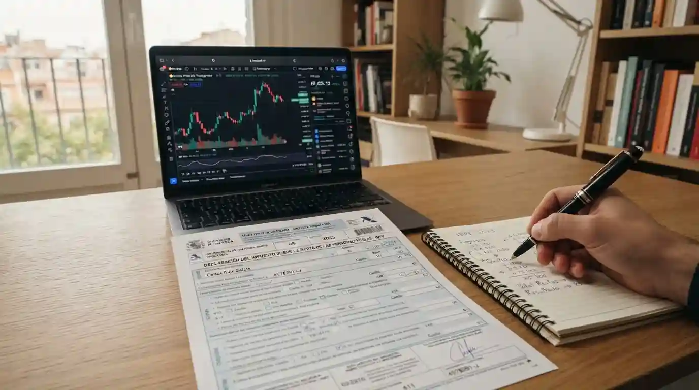 Escritorio con documentos fiscales, notas de cálculo y un portátil con un gráfico de Bitcoin