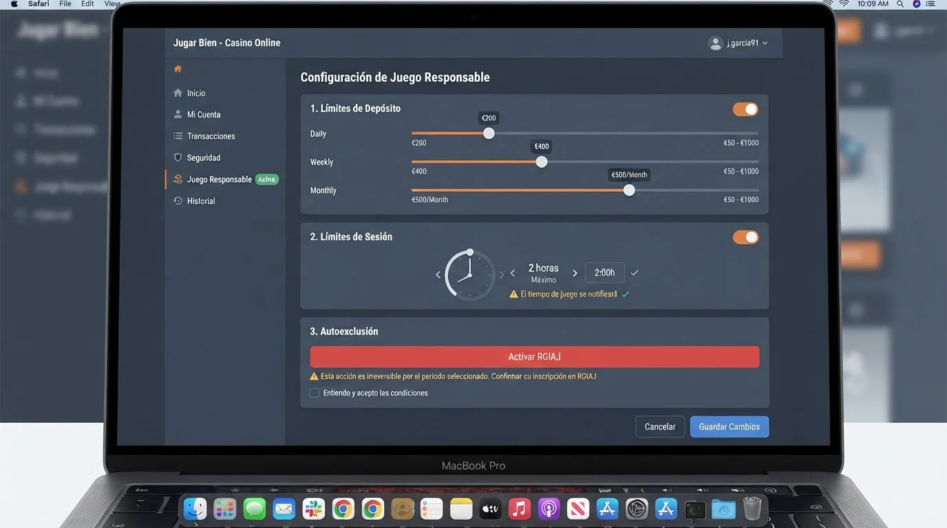Interfaz de configuración de límites personales en casino online con controles deslizantes para depósito y sesión