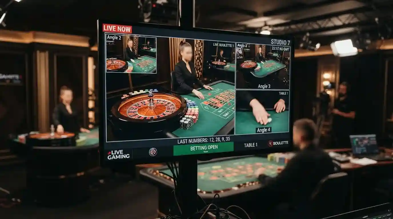Mesa de ruleta en vivo con interfaz de casino mostrando crupier y múltiples ángulos de cámara