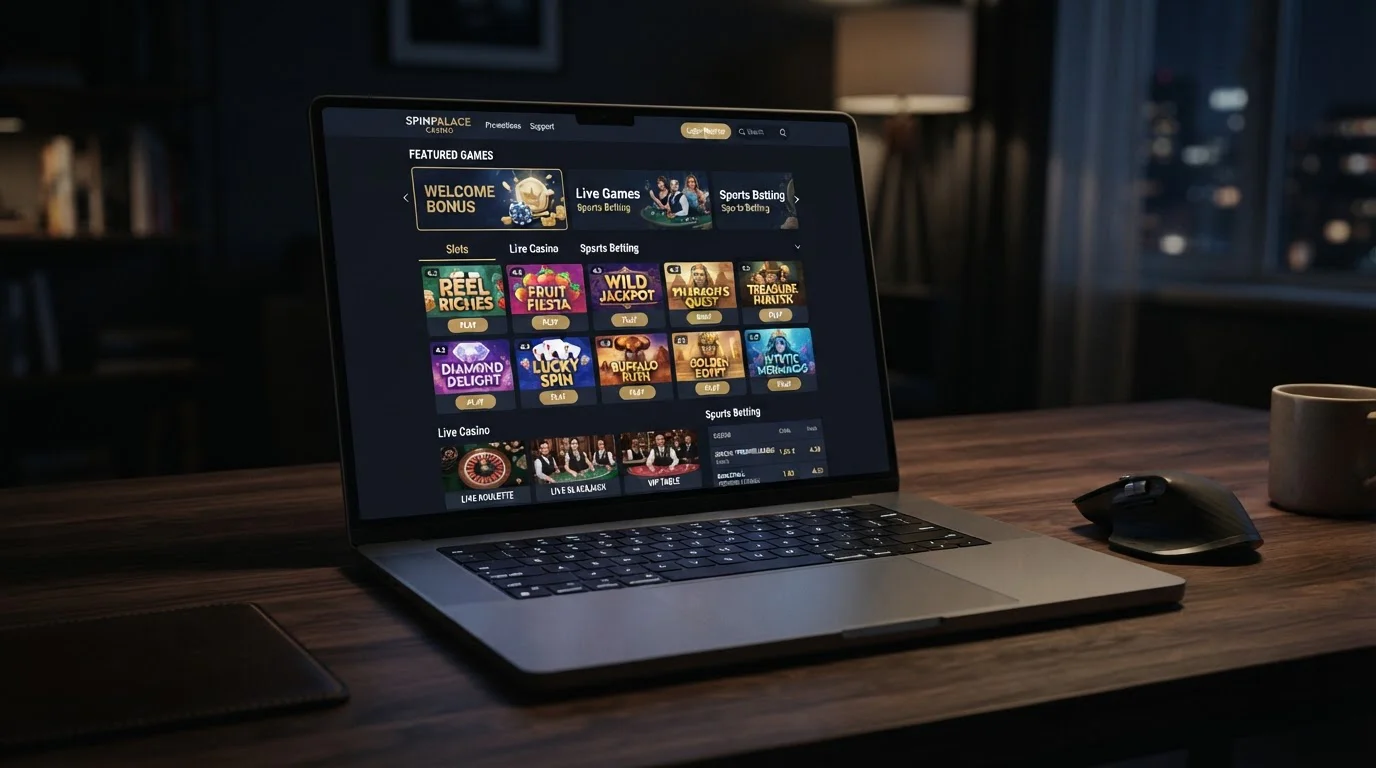 Lobby de casino crypto con categorías de slots mesas en vivo y deportes