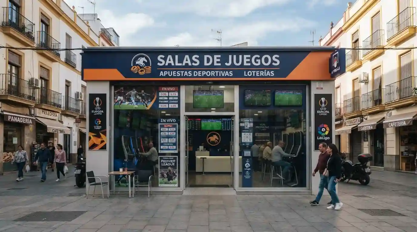Fachada genérica de un local de apuestas con un terminal visible a través del escaparate