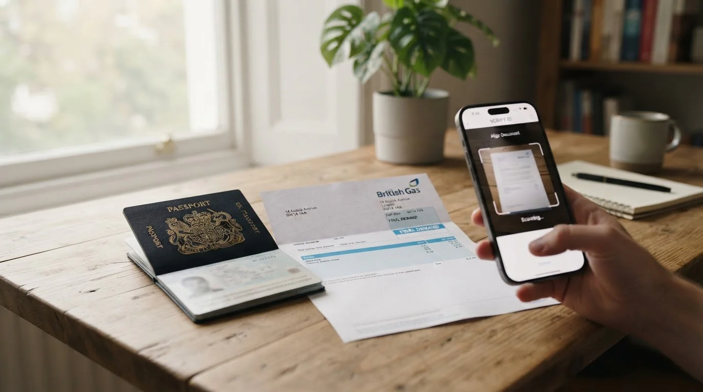 Documentos de identidad y factura junto a un móvil con una pantalla de carga de archivos