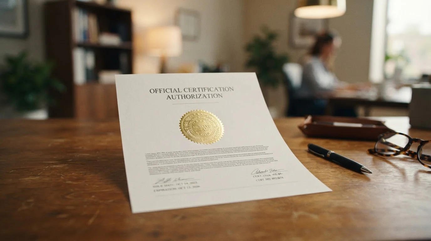 Certificado ilustrativo con sello dorado junto a unas gafas y un bolígrafo