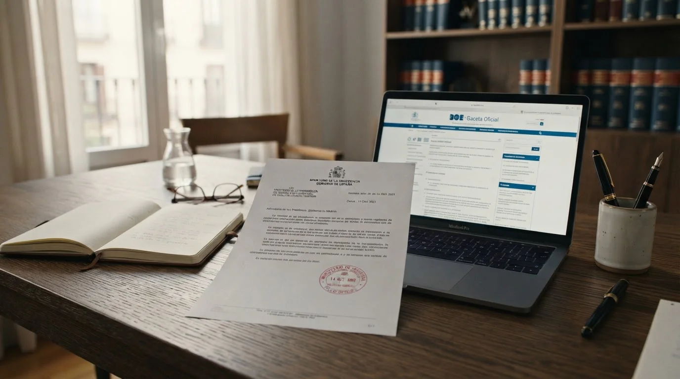 Documento español oficial con sello formal en escritorio de madera junto a portátil con interfaz regulatoria