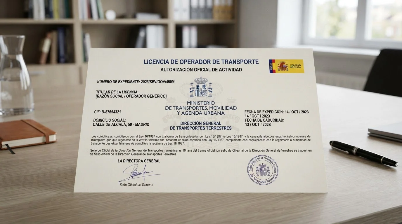 Documento ilustrativo de licencia con sello institucional genérico y una bandera española