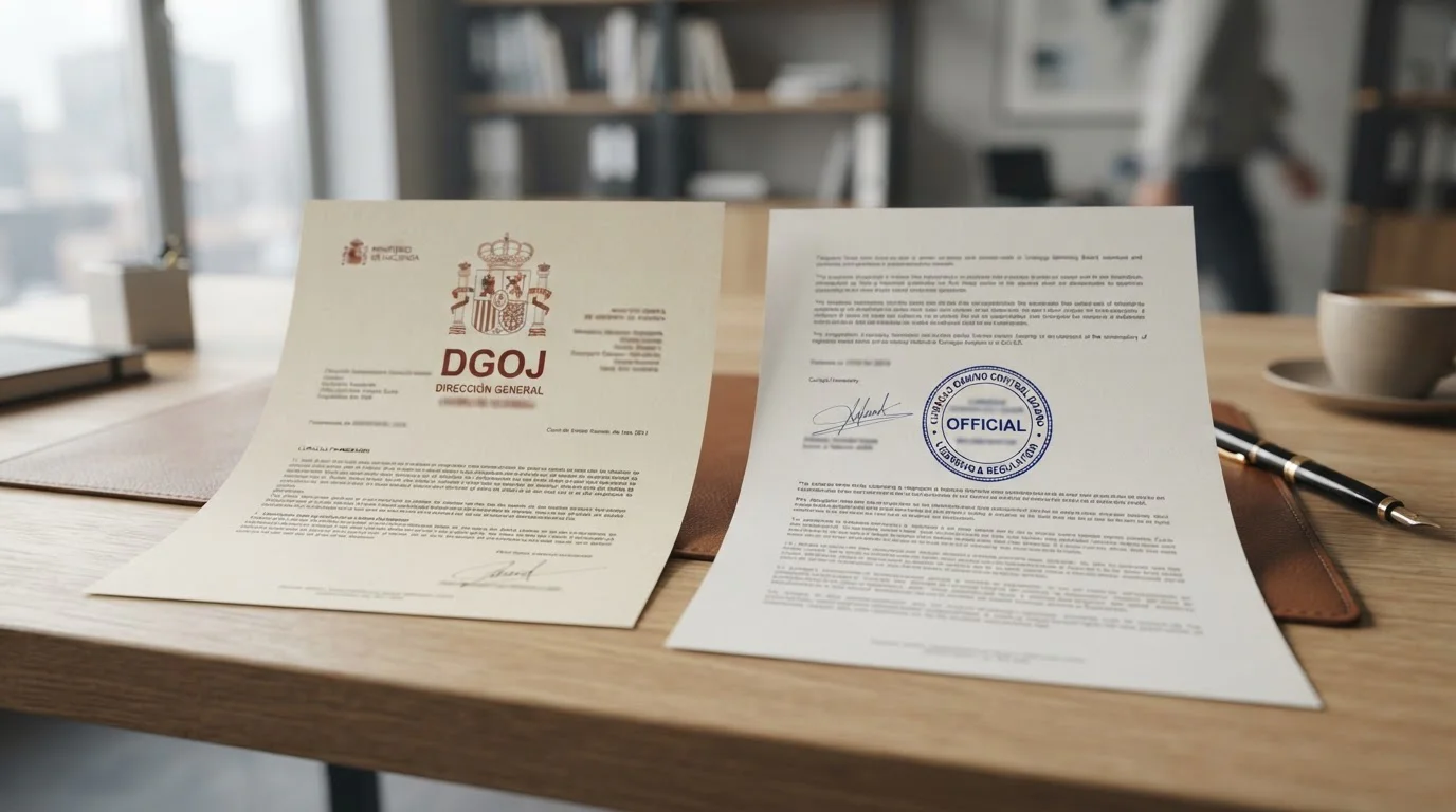 Documento oficial con sello DGOJ junto a licencia de Curaçao sobre mesa