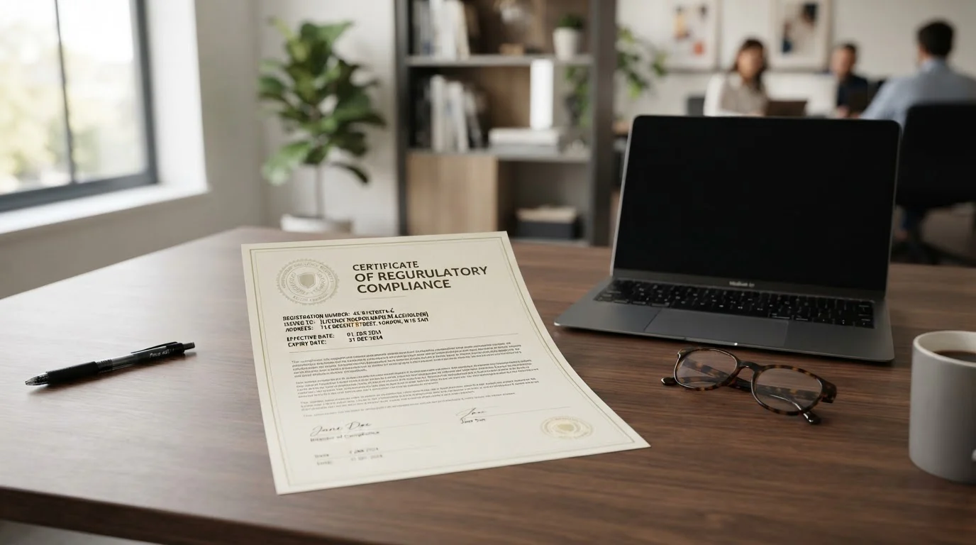 Documento ilustrativo con formato de licencia junto a un portátil y unas gafas