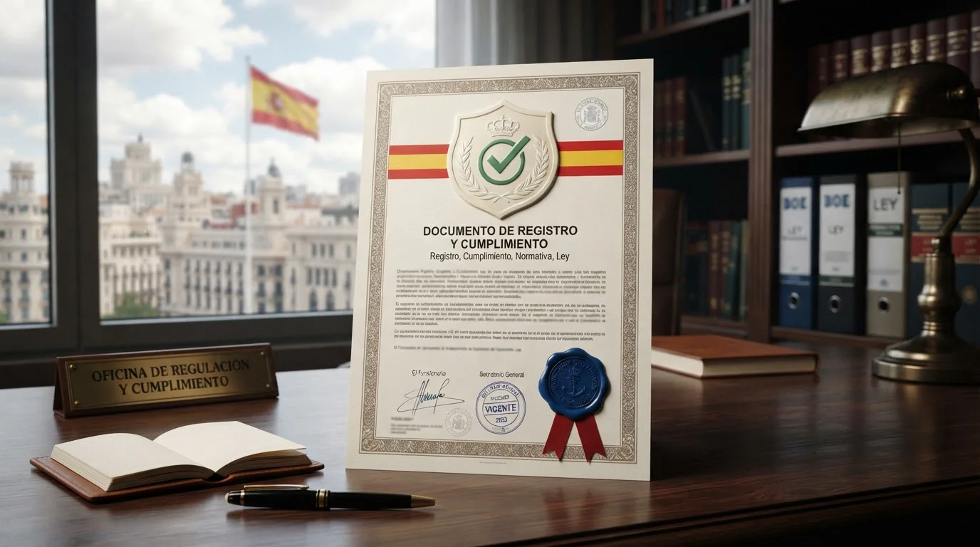 Ilustración de un documento de regulación con un escudo genérico y un sello azul