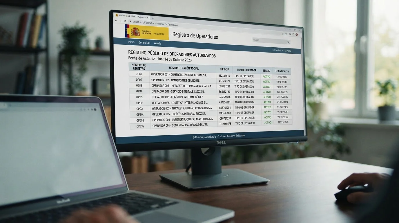 Pantalla ilustrativa de un registro de operadores con una tabla de entradas genéricas
