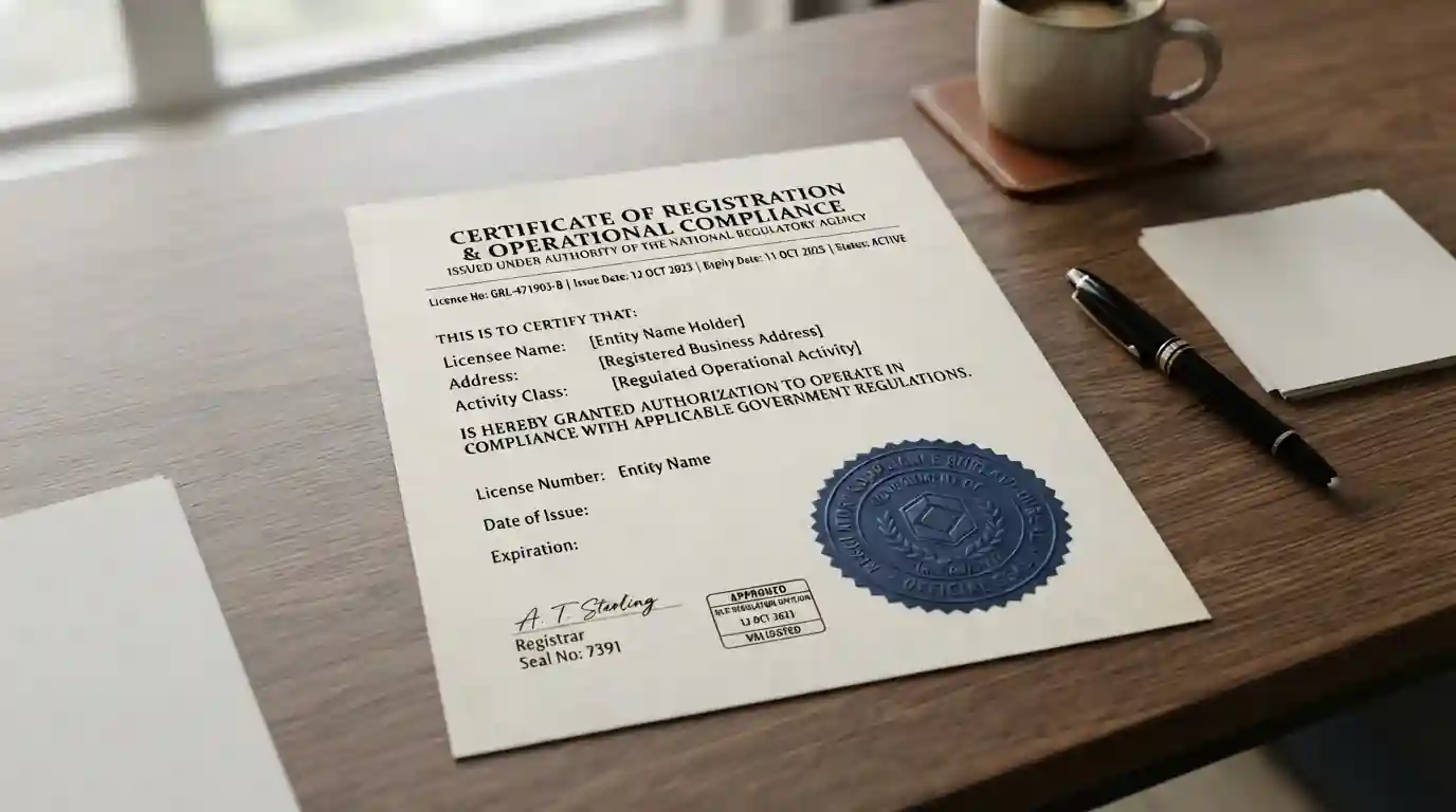 Ilustración de una licencia con un sello regulatorio genérico
