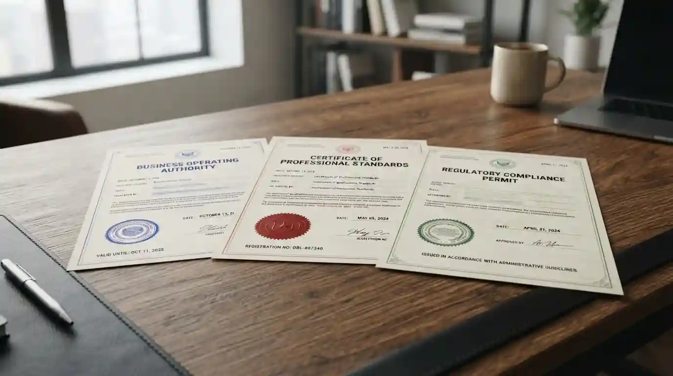 Tres certificados ilustrativos con sellos de distintos colores sobre un escritorio