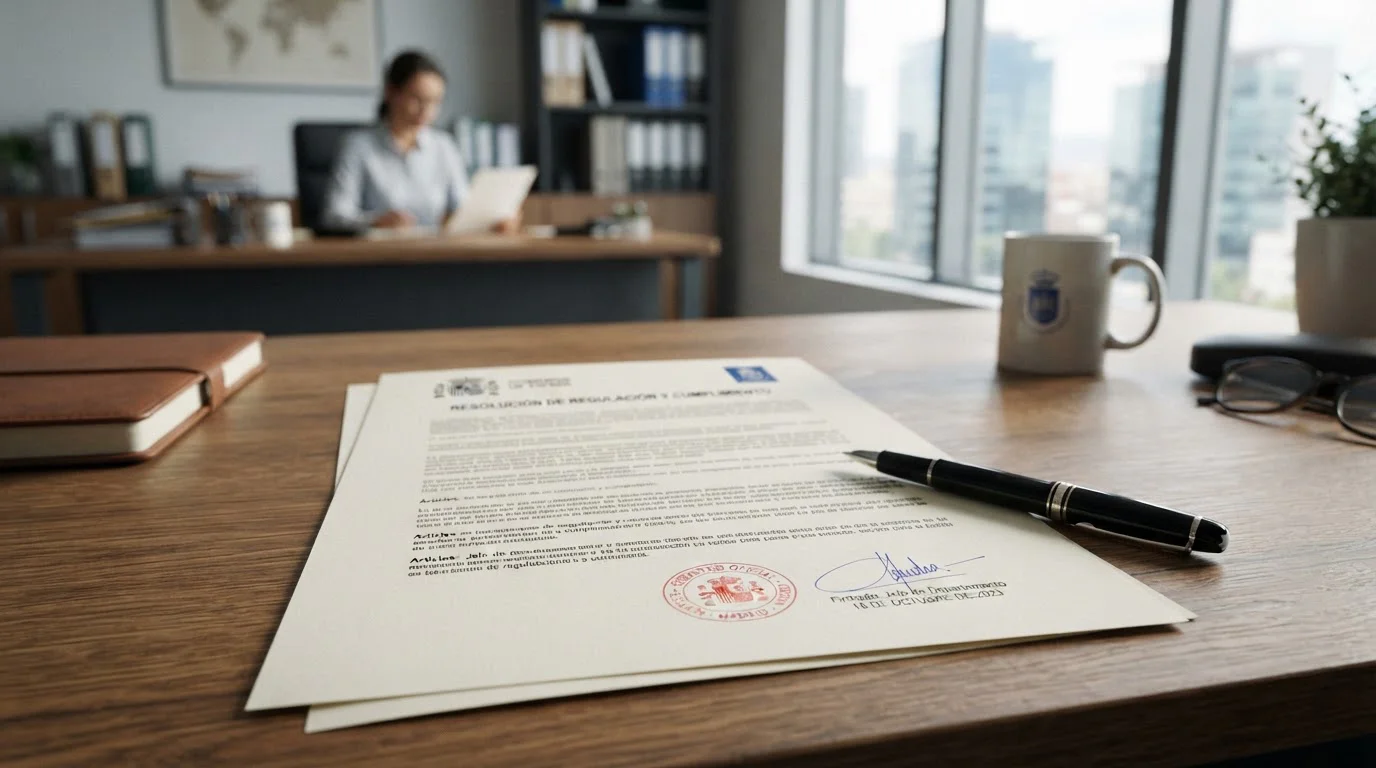 Ilustración de documentación regulatoria con un sello y un bolígrafo