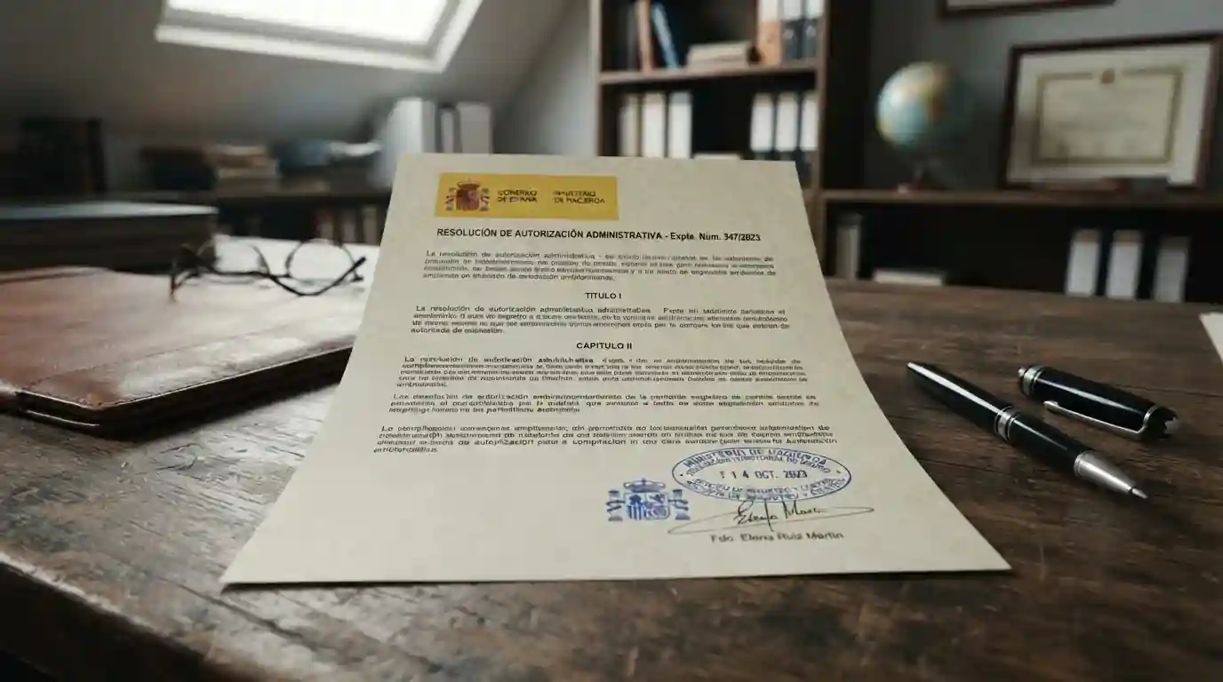 Ilustración de un documento normativo sobre un escritorio con un sello y una pluma