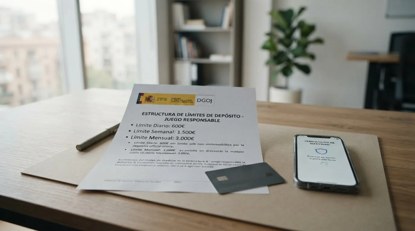 Documento DGOJ con estructura de límites, tarjeta y teléfono inteligente con interfaz de verificación