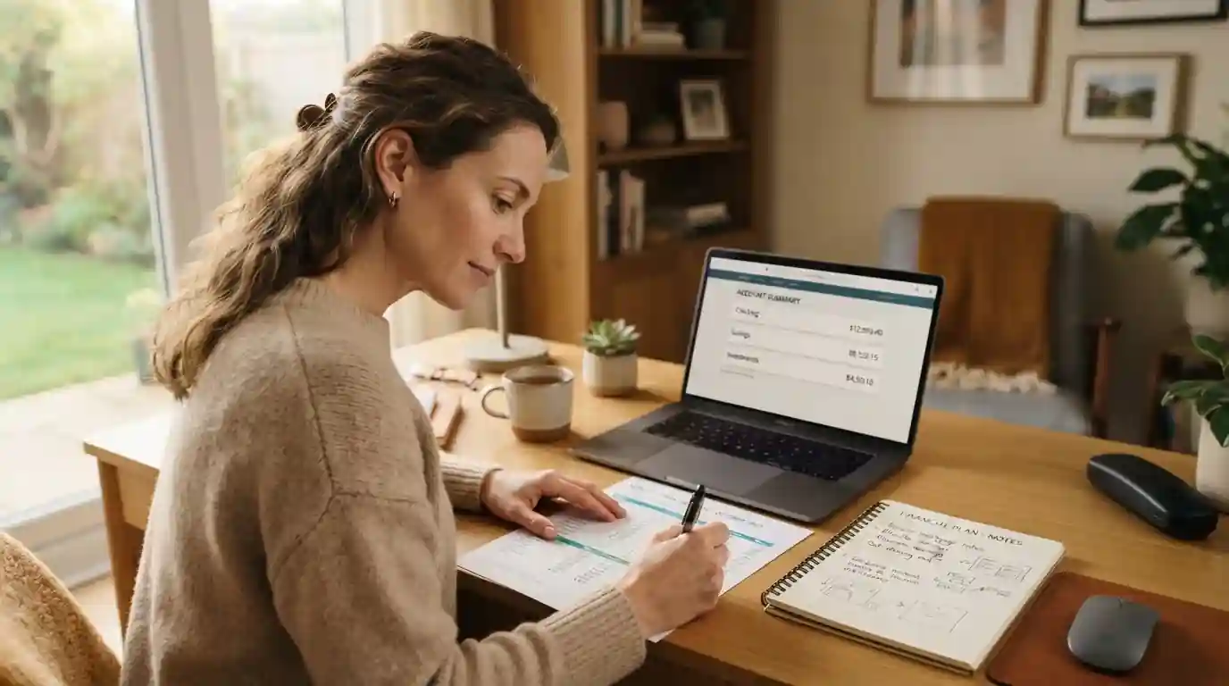 Persona revisando un extracto con un portátil y un cuaderno de anotaciones