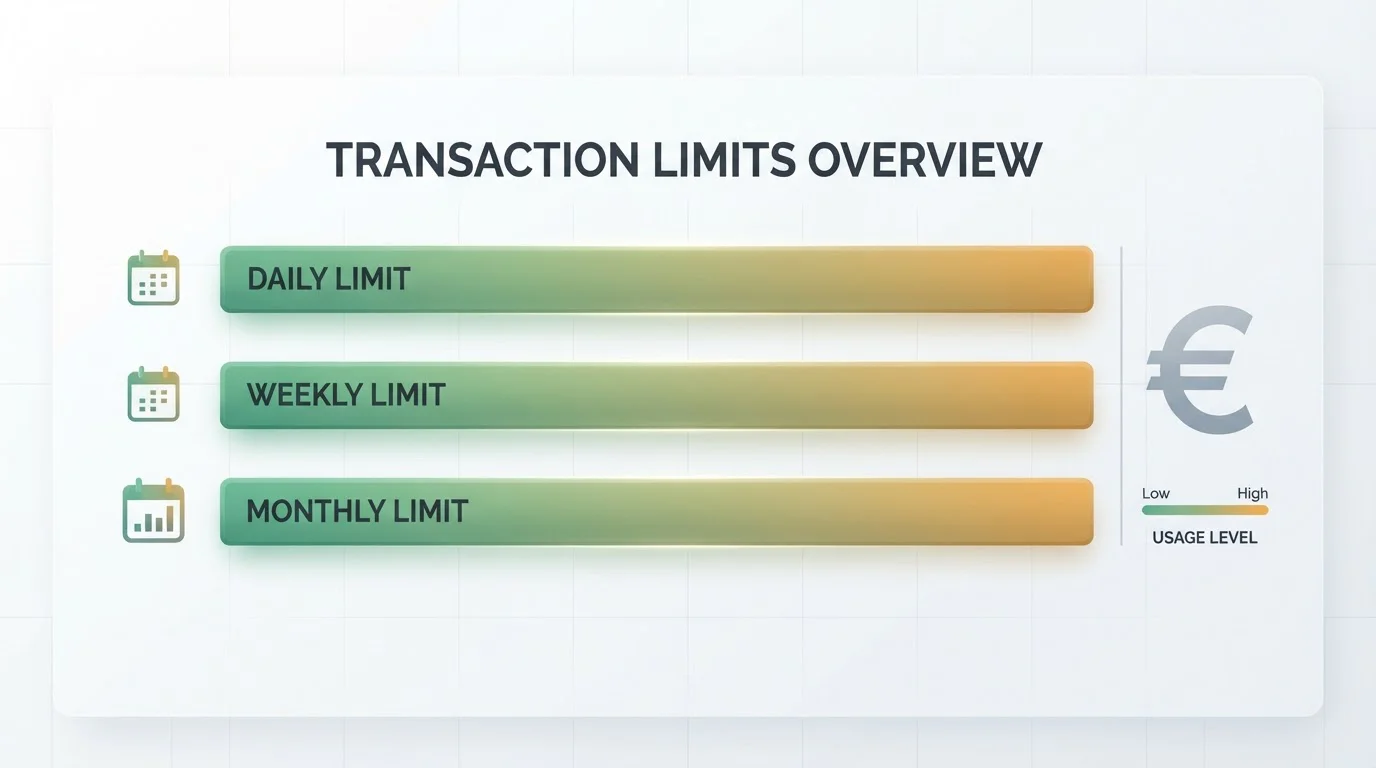 Gráfico minimalista mostrando límites de transacción con barras horizontales y símbolo de euro