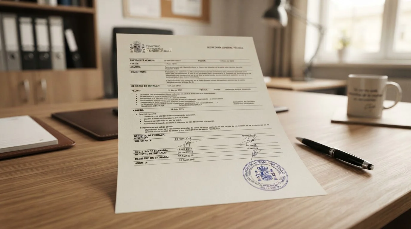 Documento ilustrativo con una lista y un sello genérico sobre un escritorio