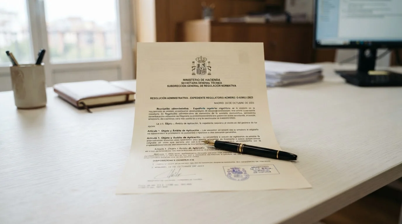 Ilustración de documentación regulatoria sobre un escritorio con una pluma