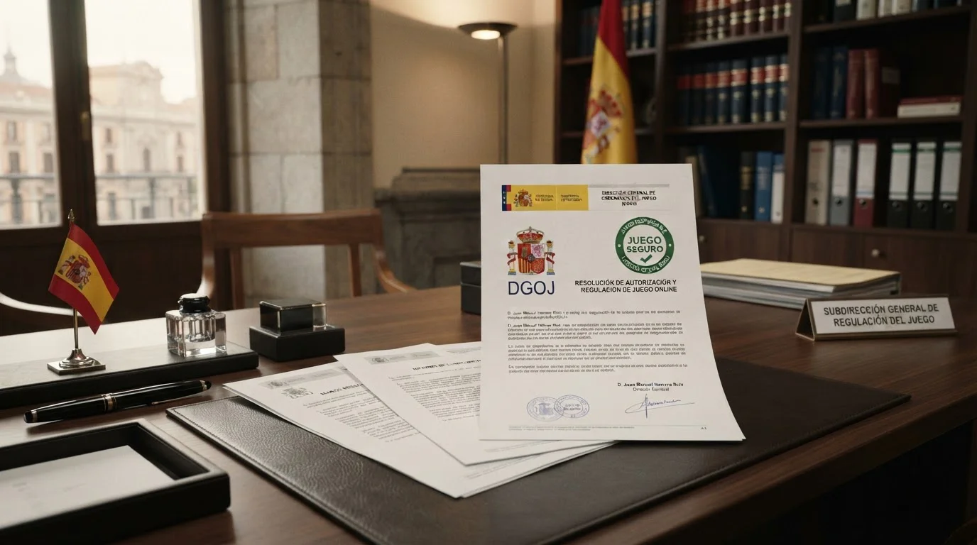 Documento legal con sello DGOJ y símbolo Juego Seguro sobre fondo oficial