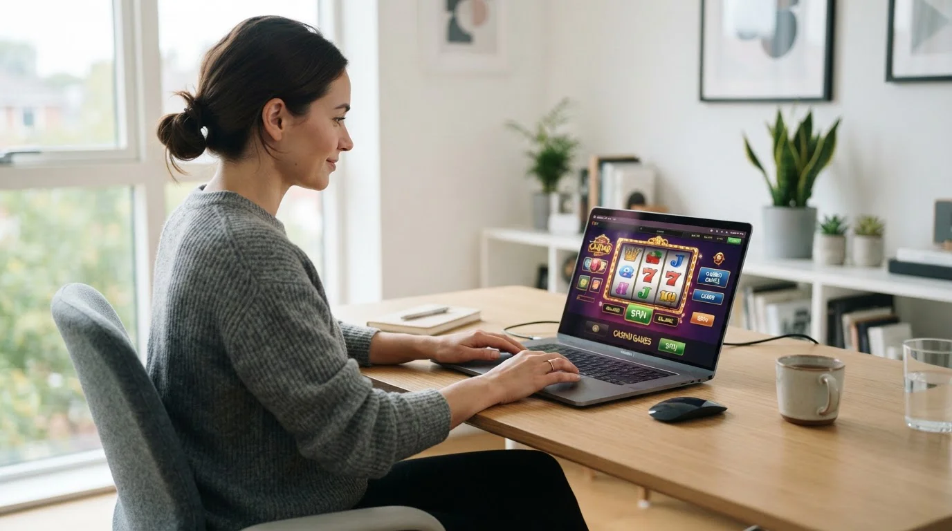 Persona usando portátil para acceder a casino online sin formularios de registro
