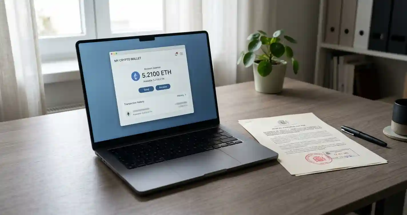 Escritorio con portátil mostrando wallet Ethereum y documento legal español