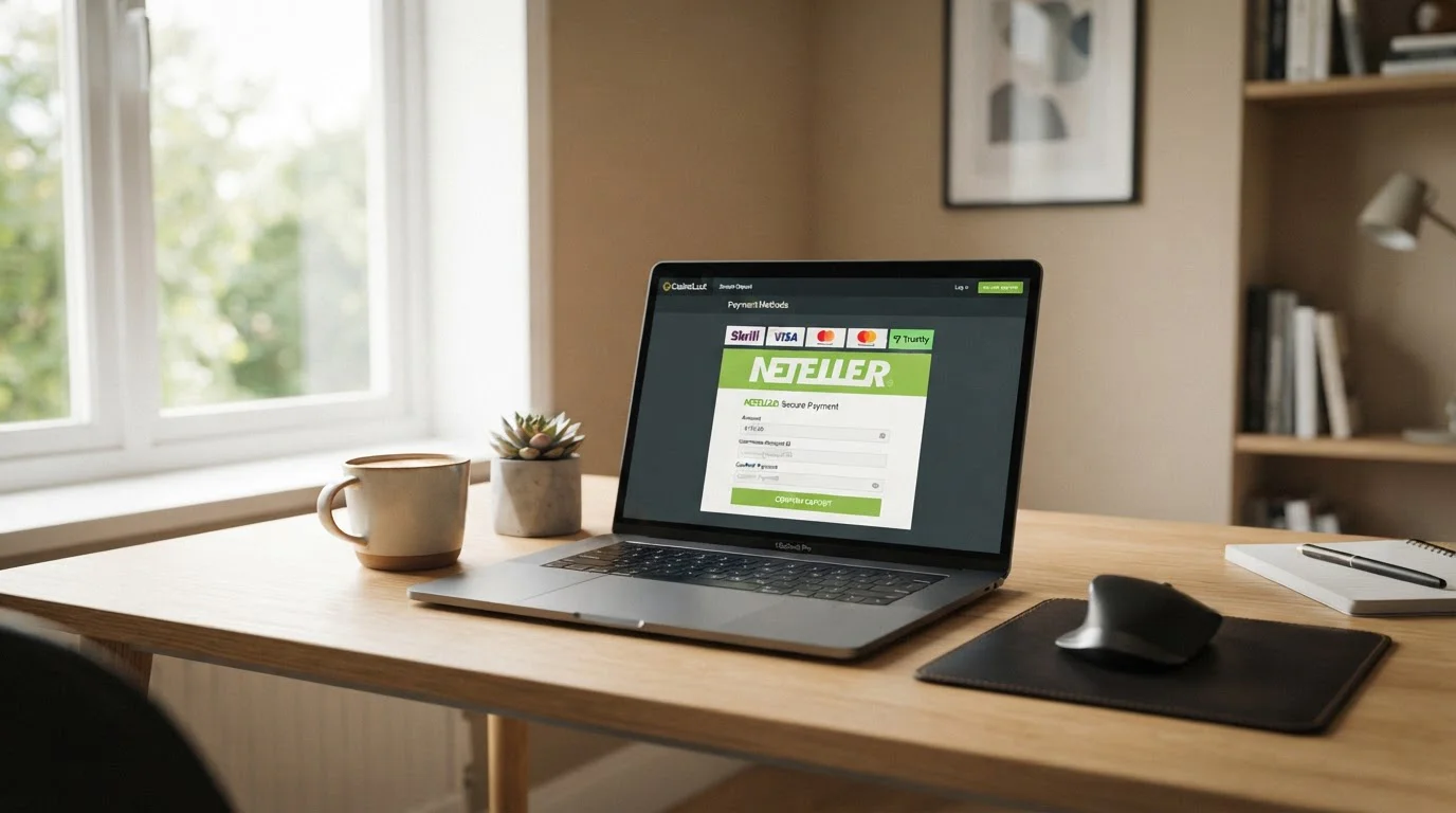 Escritorio con ordenador mostrando pagos con Neteller en casino online