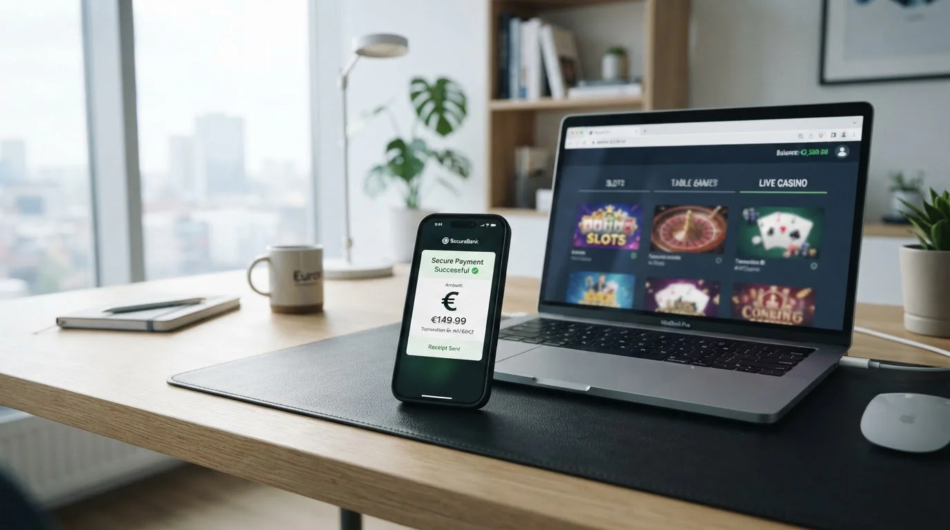 Teléfono inteligente mostrando notificación de pago seguro con símbolo de euro junto a portátil con casino online