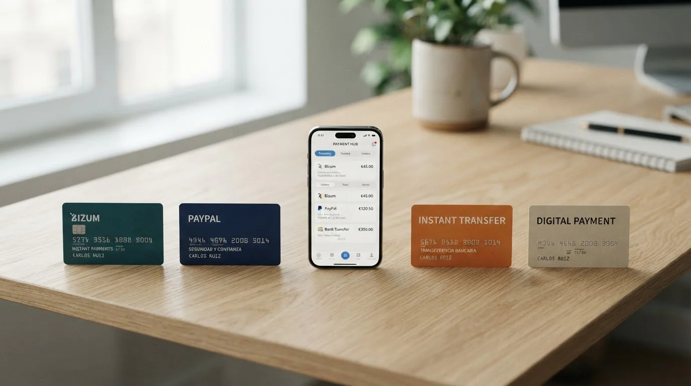 Tarjetas de métodos de pago alternativos organizadas en escritorio