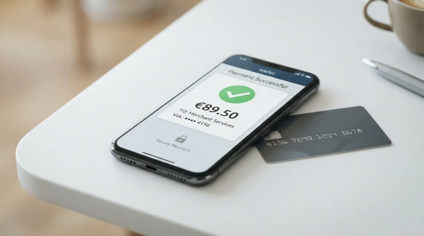 Teléfono inteligente mostrando interfaz de pago con símbolo de euro y tarjeta bancaria sobre superficie blanca