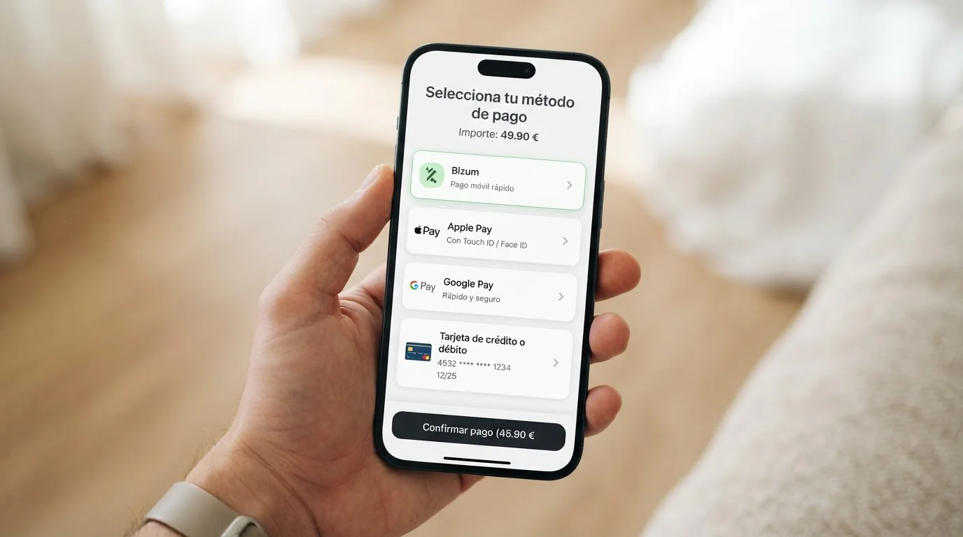 Teléfono inteligente mostrando opciones de pago Bizum Apple Pay Google Pay en casino online