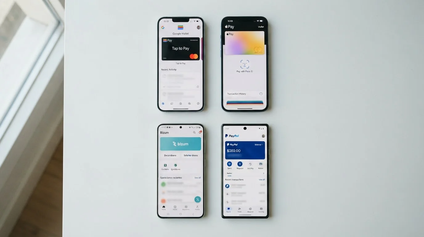 Tabla comparativa visual de Google Pay, Bizum, Apple Pay y PayPal
