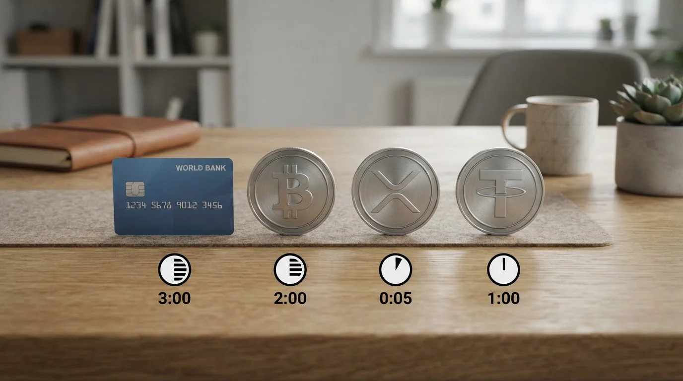 Comparación visual de métodos de pago: tarjeta bancaria, Bitcoin, XRP y USDT con iconos de velocidad
