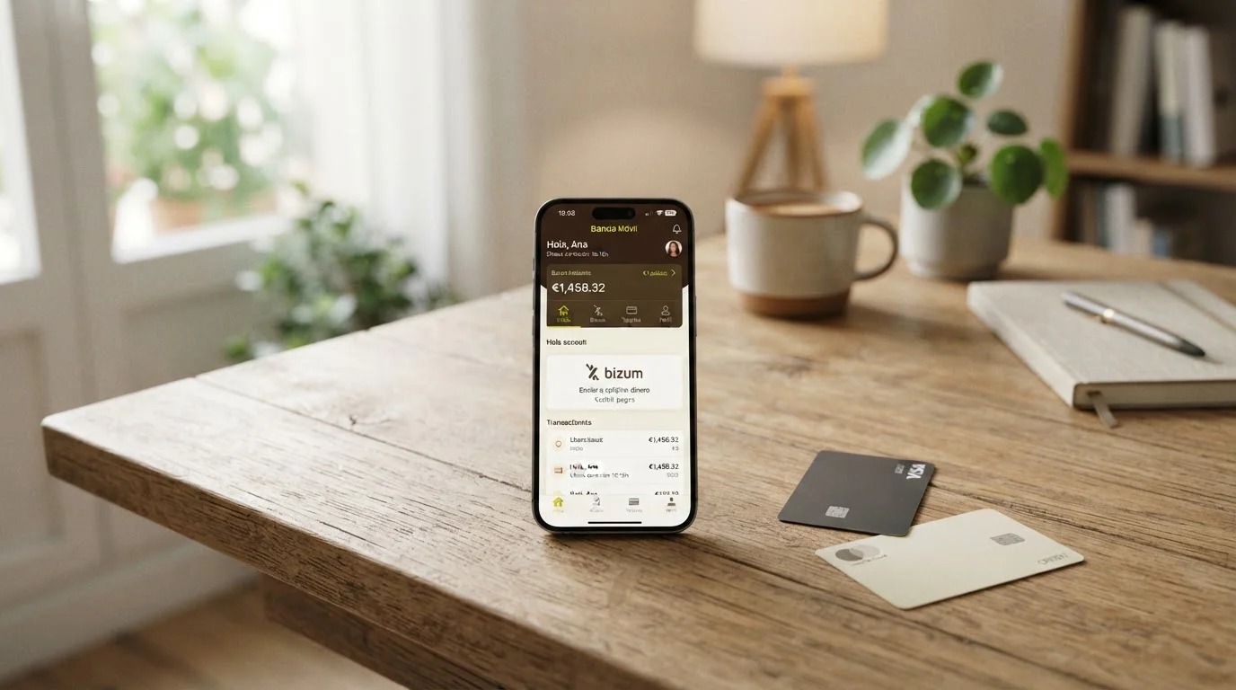 Teléfono inteligente mostrando app de Bizum junto a tarjetas bancarias sobre escritorio