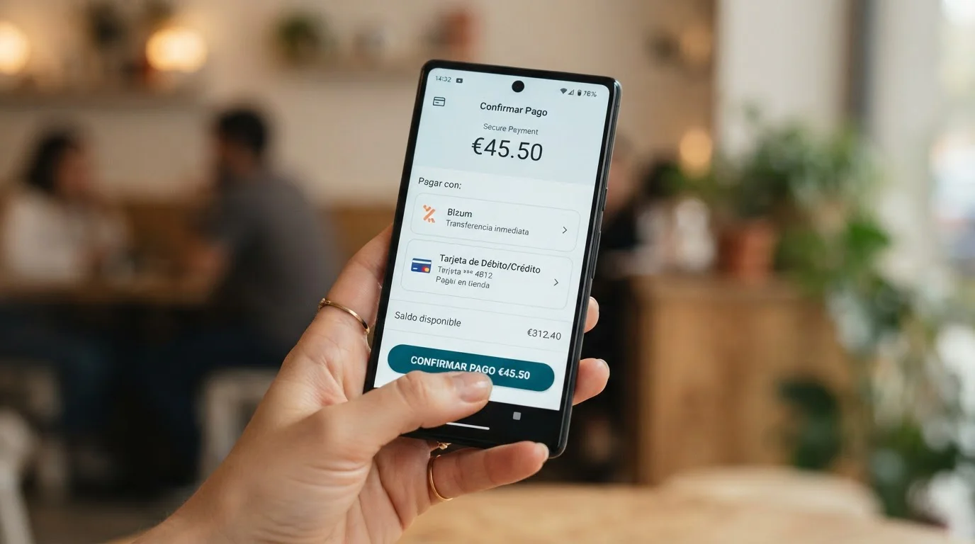 Teléfono móvil mostrando opciones de pago Bizum y tarjeta en casino online