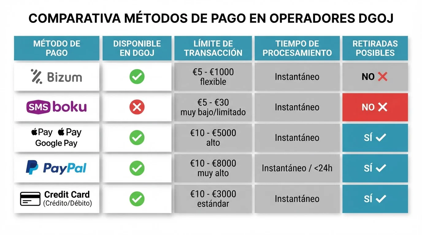 Tabla comparativa de métodos de pago móvil mostrando límites, tiempos y disponibilidad en DGOJ